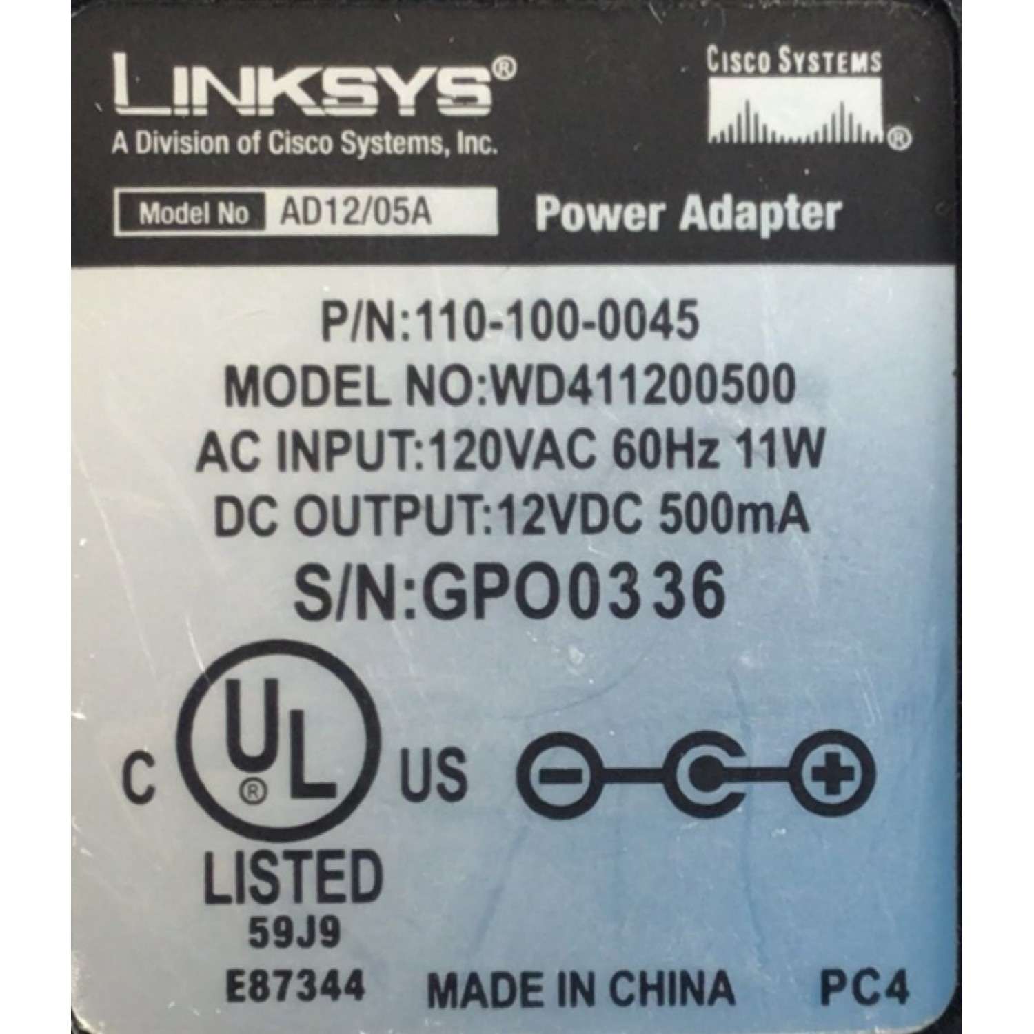 CARGADOR / ADAPTADOR DE FUENTE DE ALIMENTACION LINKSYS / VCA-VCD / NUMERO DE PARTE 110-100-0045 / SPO0336 / ENTRADA VCA 120V 60HZ 11W / SALIDA VCD 12V 500MA / MODELO WD411200500 - Imagen 2